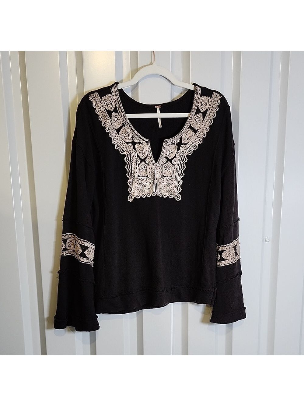 Anthropologie Free People Black Santa Maria Blouse with Cream Embroidery Small